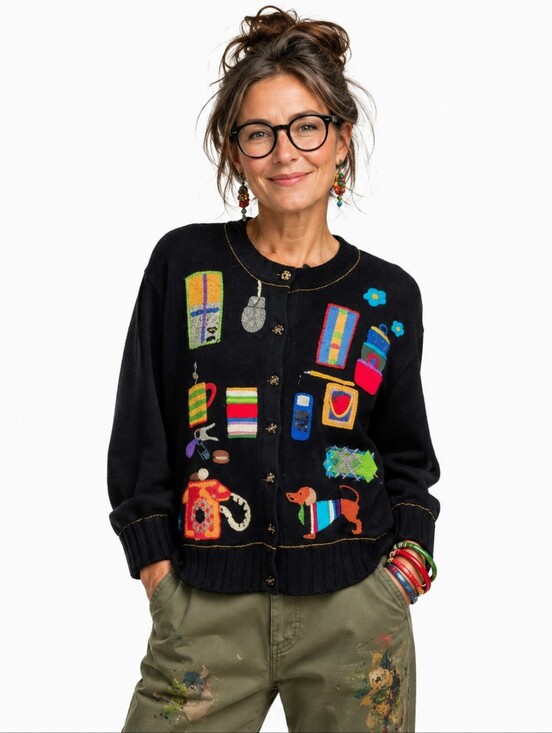 Susan Bristol Sweaters - Vintage Susan Bristol Hand Embroidered Dachshund Cardigan XL Black Embellished